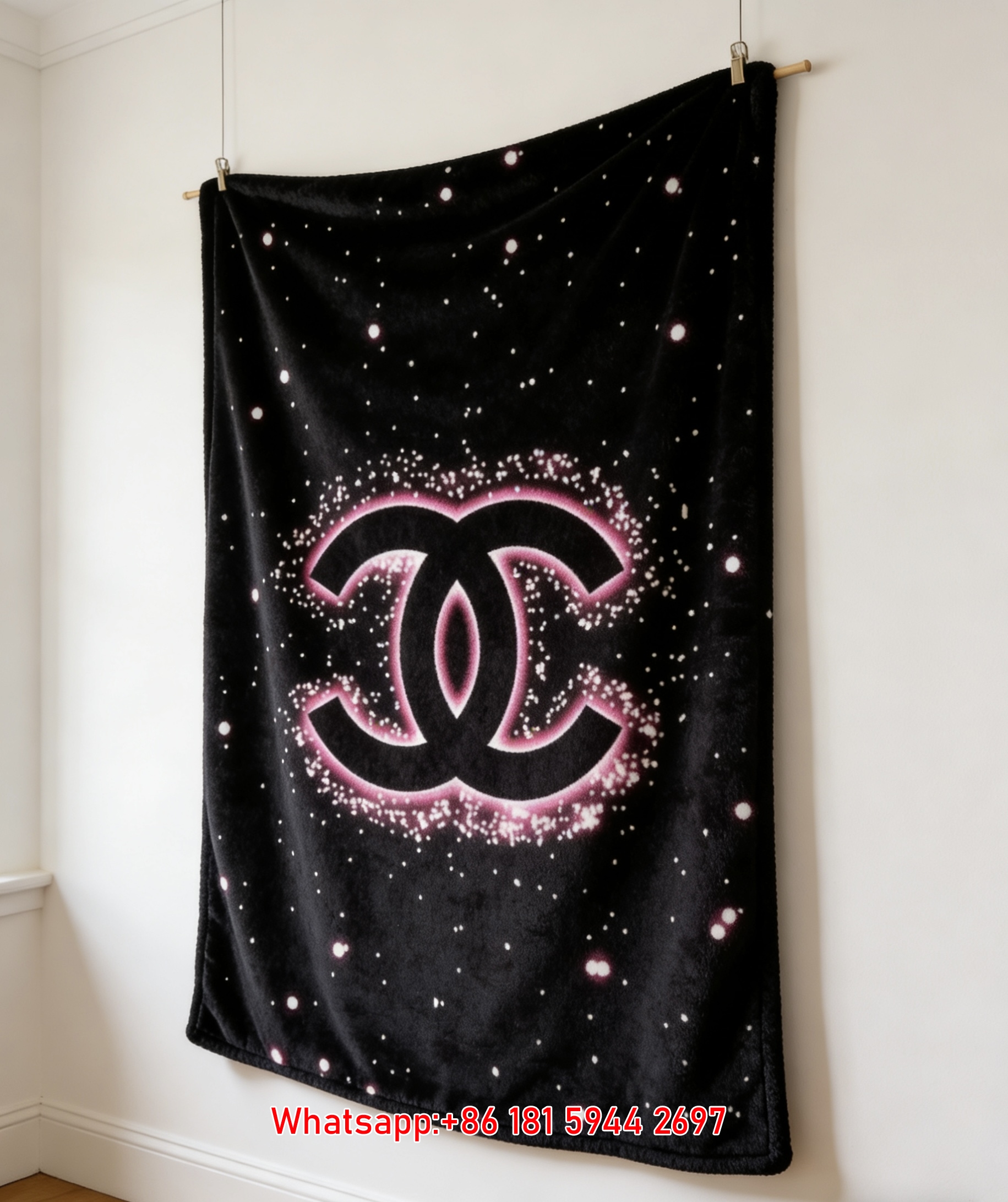 Pink Glow Starry Chanel Logo Flannel Throw Blanket Chanel Inspired Luxury Wall Decor IMG_7275